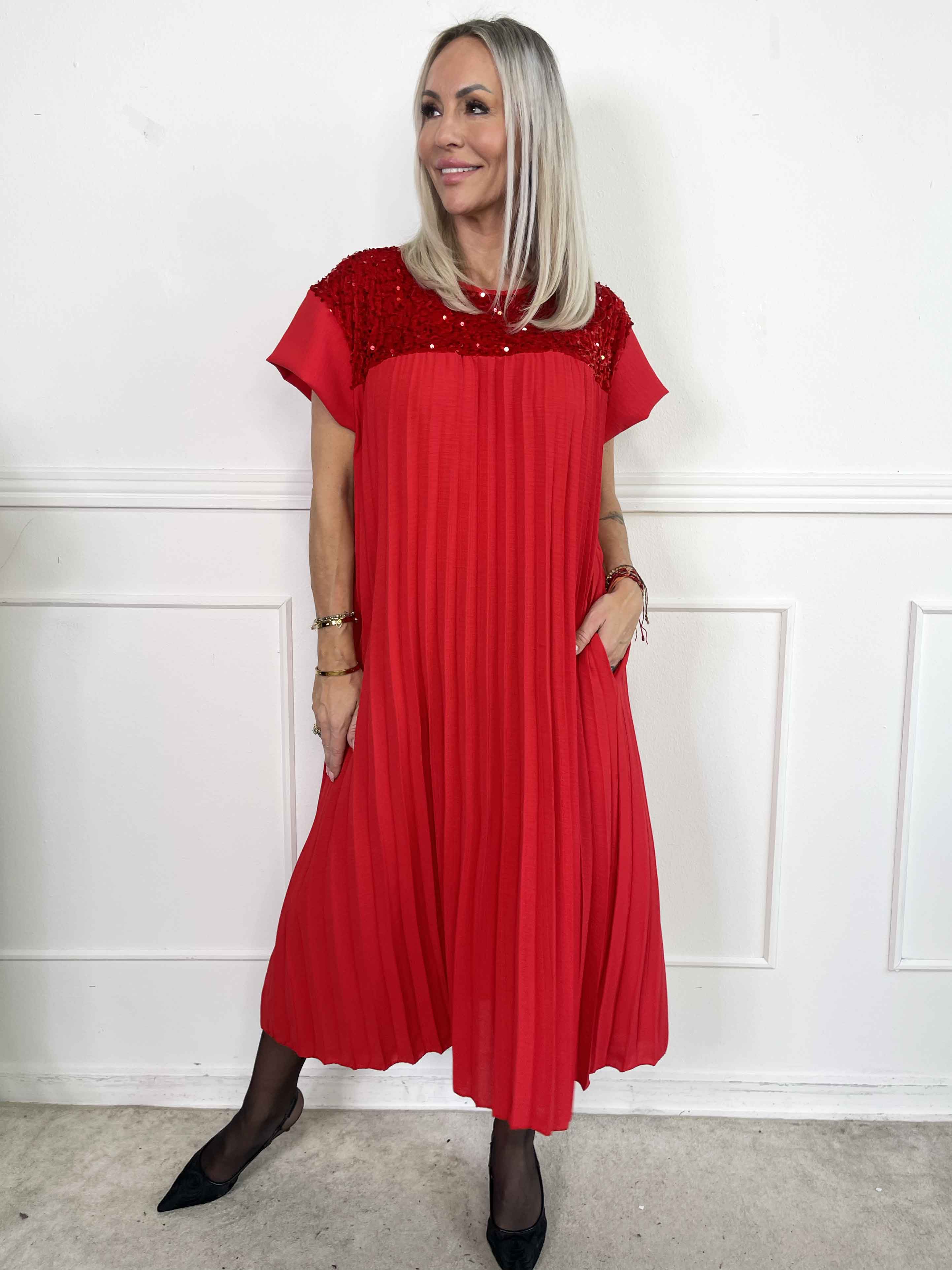 Nancy Party - Lang plisseret kjole med pailletter og velour